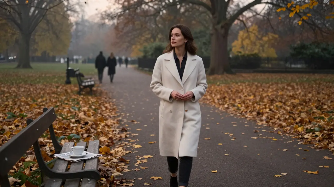 A woman walks through Hyde Park at dusk, autumn leaves falling, symbolizing quiet, lasting companionship.