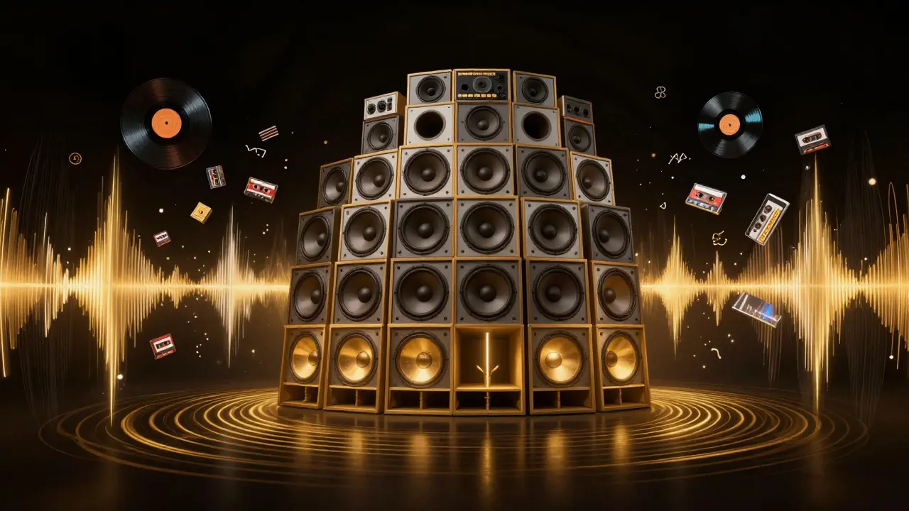 Abstract visualization of Ministry of Sound's sound system with glowing speakers and musical waves.