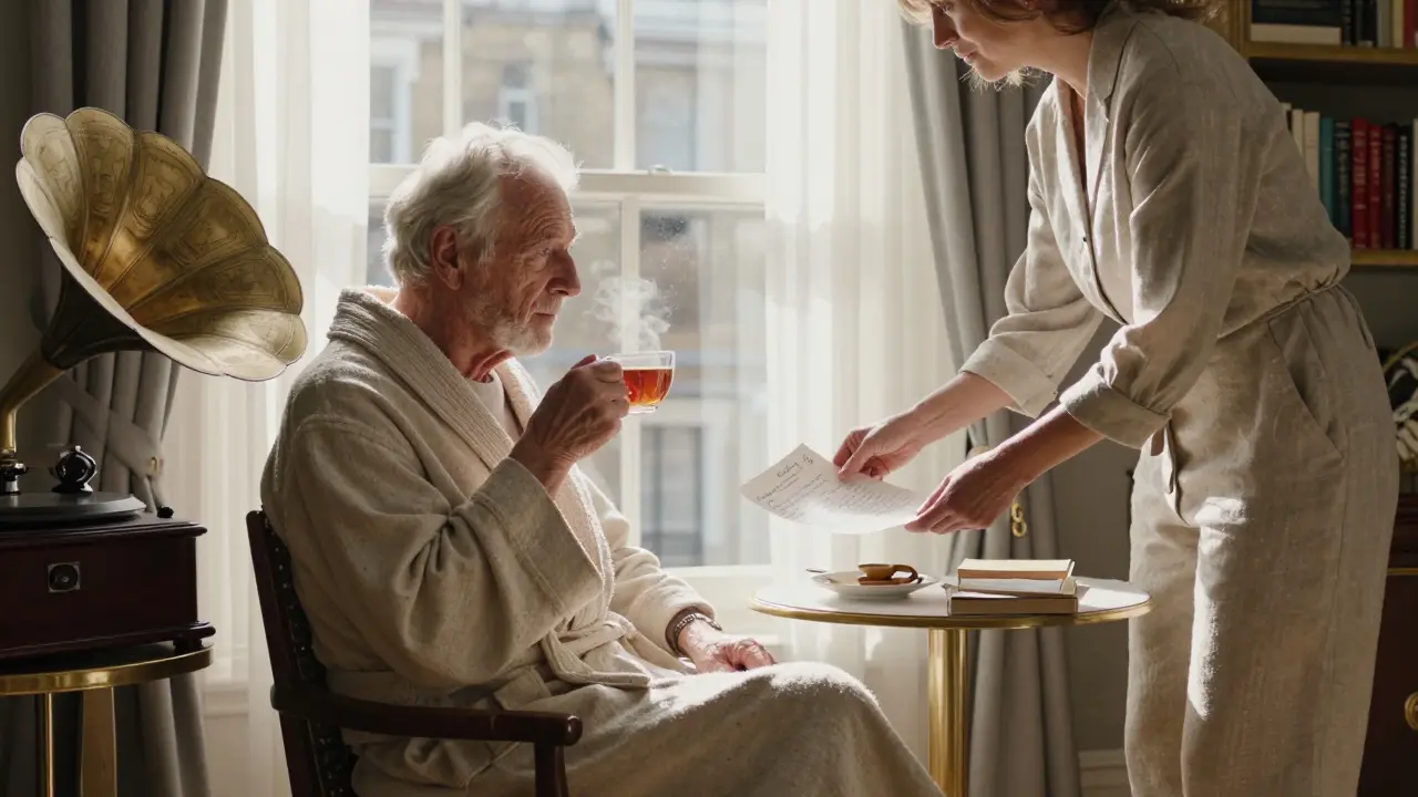 An elderly man and his companion sharing a peaceful morning with tea and handwritten notes in a London apartment.