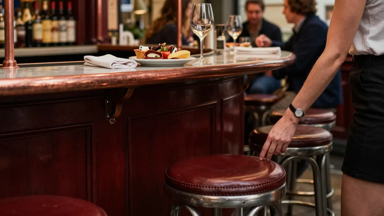 An empty bar stool at a London tapas restaurant with dinner dishes and a wine glass left behind.