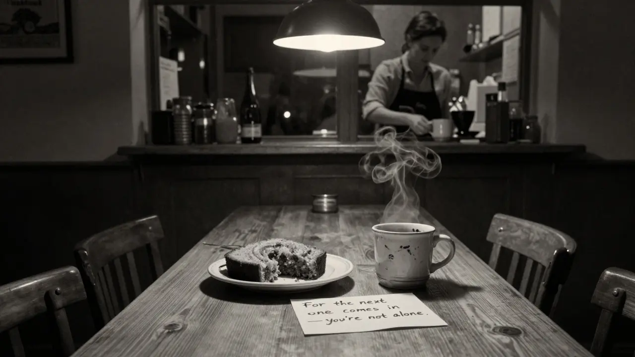 An empty night cafe at 3 a.m. with a half-eaten slice of banana bread and a handwritten note of comfort on the table.