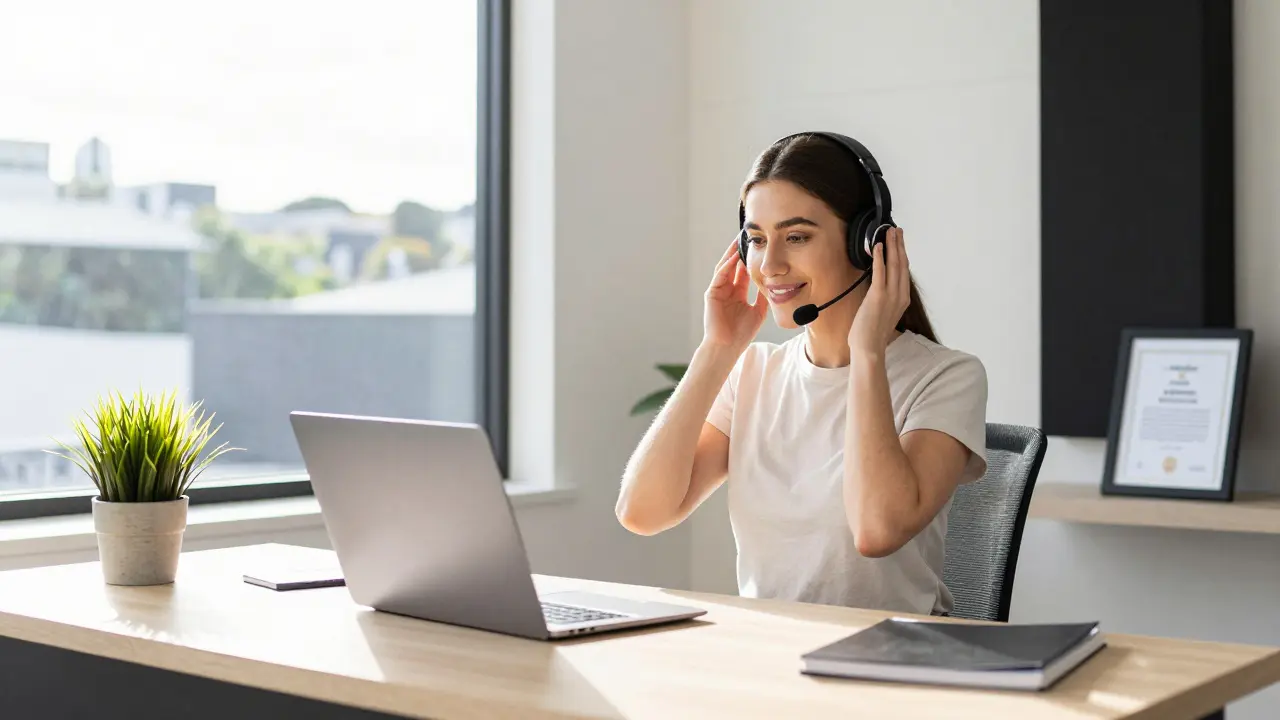 An independent escort in Wellington working from a bright, modern home studio during a video call.