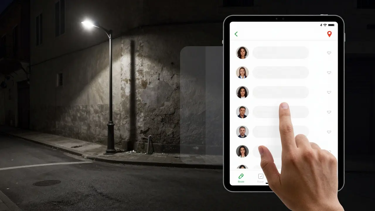 Contrast between an abandoned street corner and a modern sex work app interface.