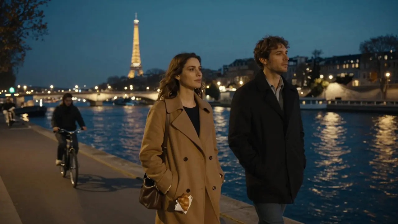 Couple walking silently along the Seine at night, city lights reflecting on the water.