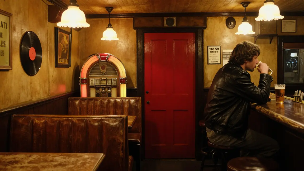 Cozy dimly lit pub interior with vintage jukebox, wooden booths, and a lone patron drinking beer.