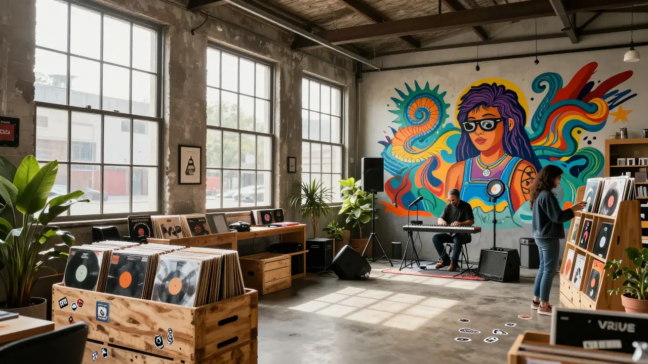 Daytime view of Drumsheds as a creative hub: murals, vinyl records, and a producer at an open mic in a warehouse.