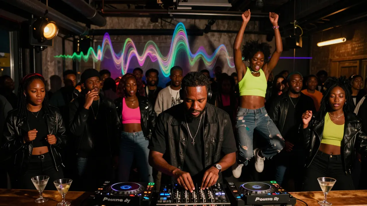 DJ performing late at night as dancers move to music, sound waves visible in dim industrial club lighting.