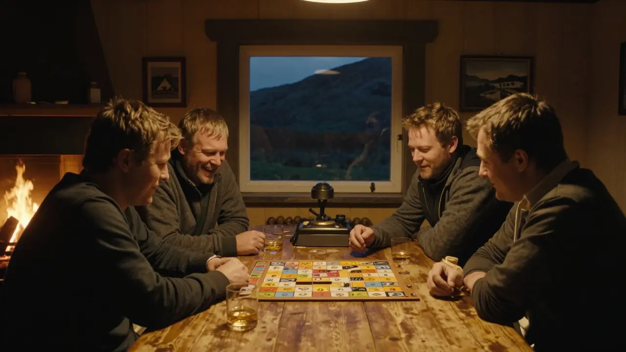 Friends playing board game in cozy Scottish lodge by firelight