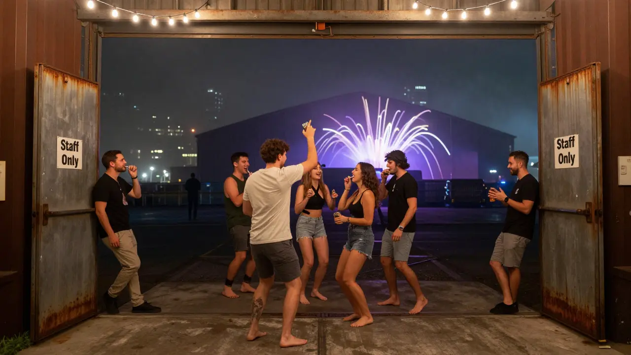 Group dancing on Drumsheds&#039; back loading dock after hours, string lights, fog, and sound waves radiating from the building.