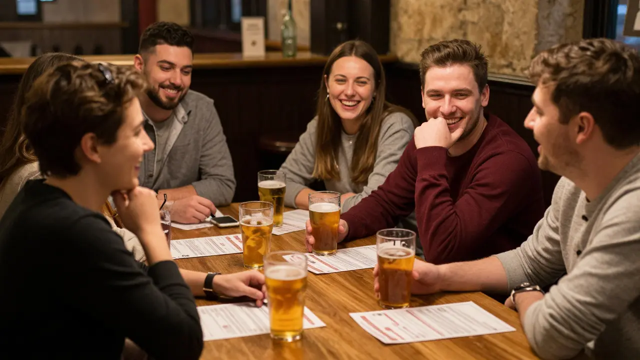 Group of adults chatting at a trivia night, natural connection in a cozy pub.