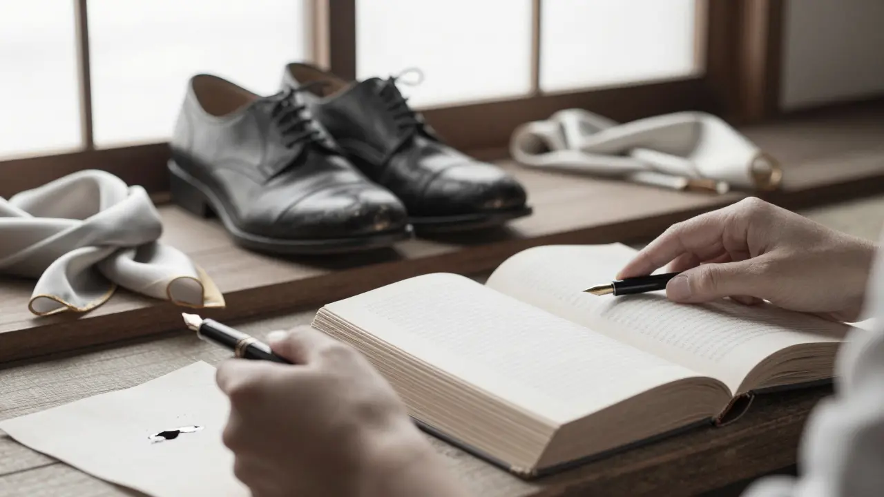 Hands holding a fountain pen and turning a book page, with worn leather shoes in the background.