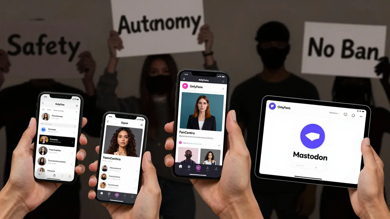 Hands holding devices displaying digital sex work platforms, with masked figures holding signs for autonomy and safety.