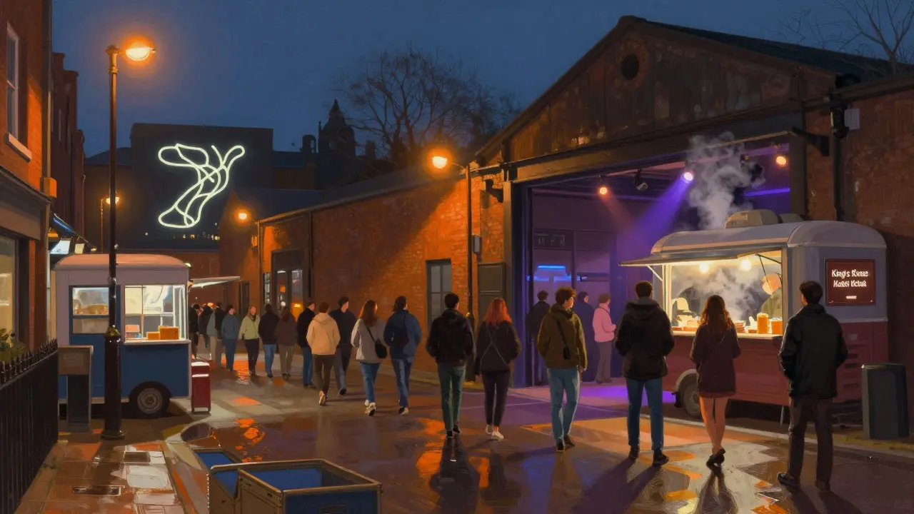 Long line of people outside Egg London at night, food truck visible, glowing art installation in background.