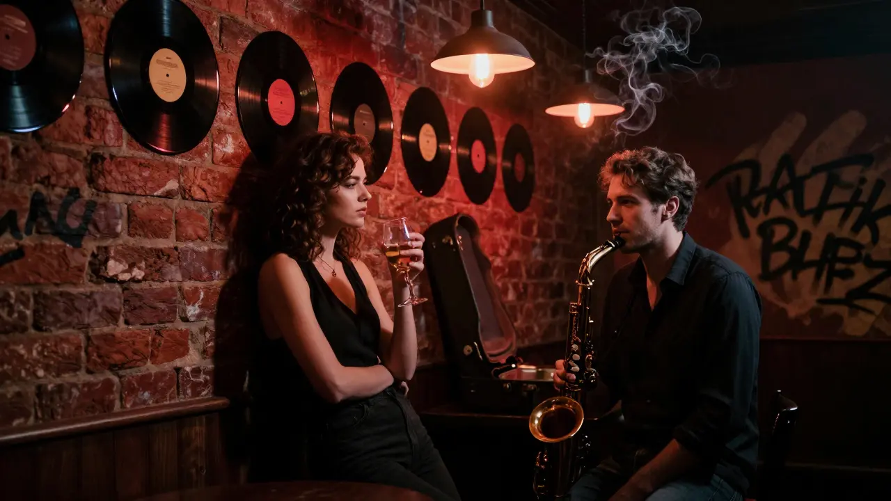 Man listening intently to a woman in a dim Berlin jazz bar with vintage records on the wall.