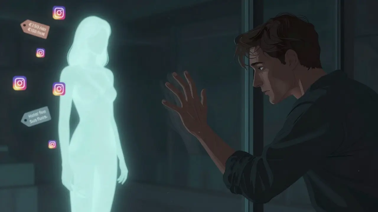 Man reaching toward a glowing figure made of price tags and social media icons, separated by glass.