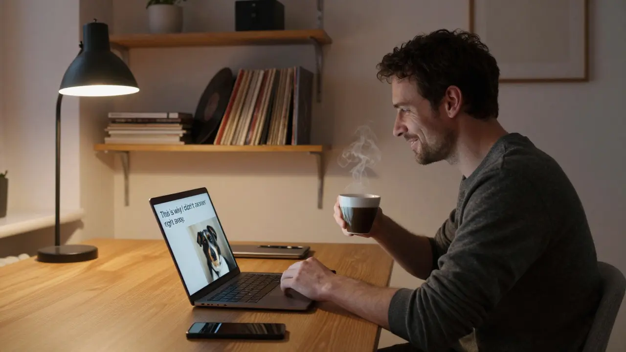 Man smiling at his laptop in a cozy Berlin apartment, reading a reply with a dog photo.
