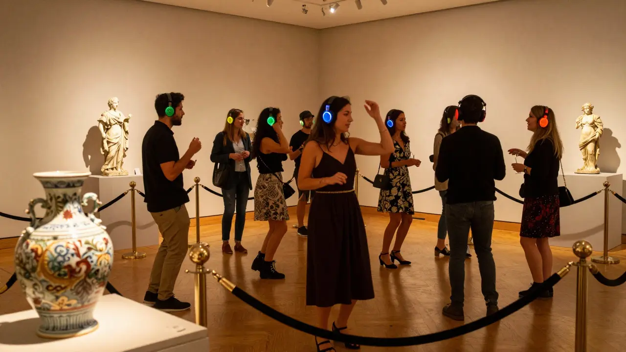 People dancing silently in a museum gallery around ancient vases, wearing colorful headphones.