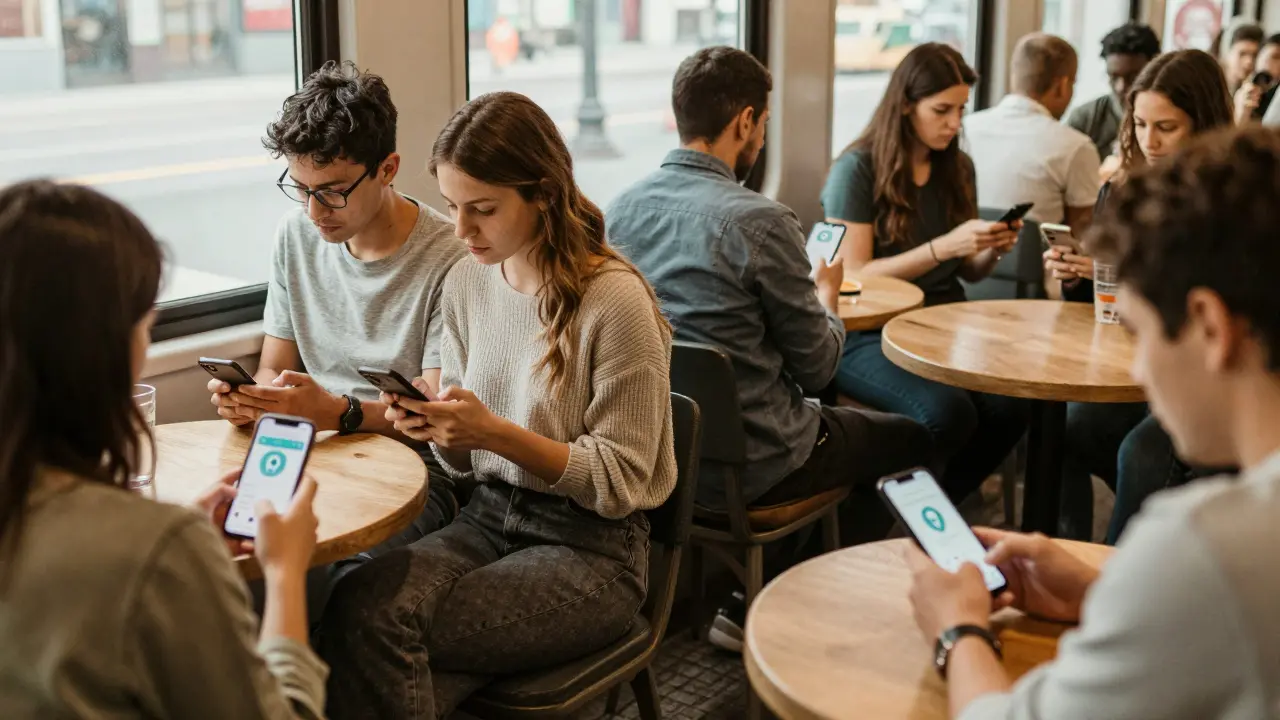 People silently using discreet apps on their phones in everyday public settings.