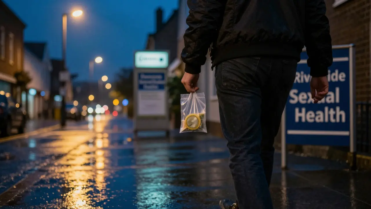 Person walking past a sexual health clinic at night, carrying protection.
