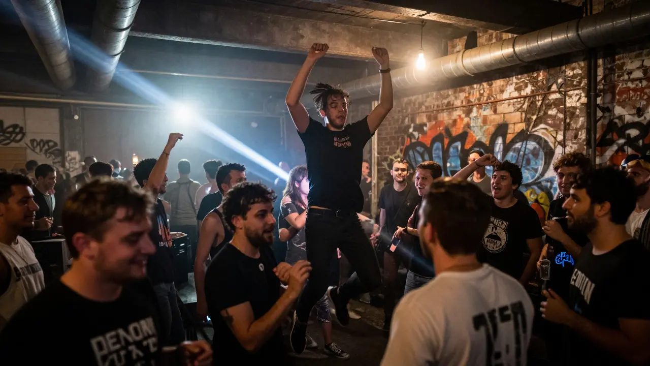 Raw warehouse party at Electrowerkz with strobes, diverse crowd, and gritty atmosphere.