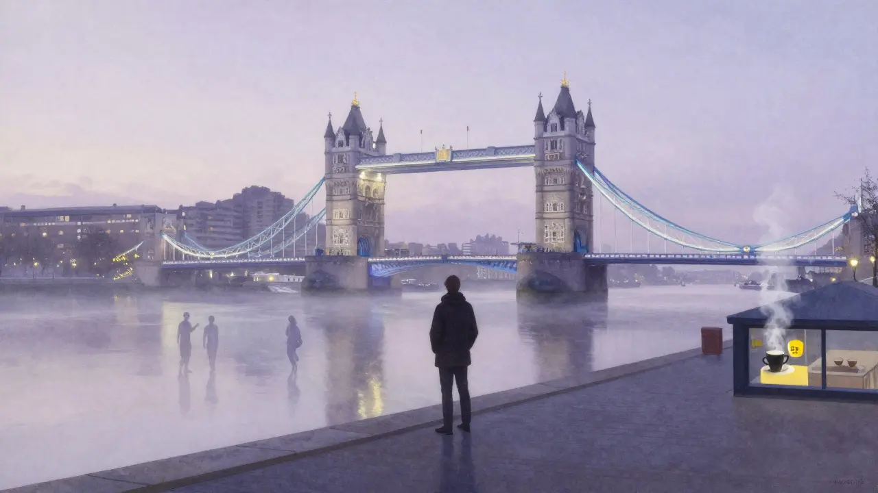 Solitary figure at dawn by the Thames, city quiet after a night of music.