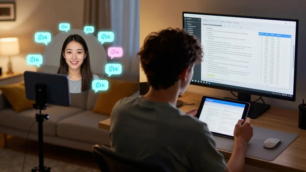 Split scene of someone live-streaming while simultaneously using a tablet to access a private support community.