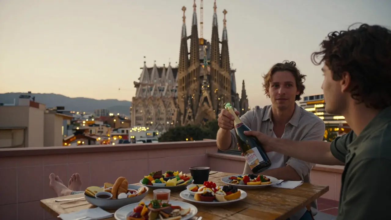 Sunset on a Barcelona rooftop with a couple sharing cava, the Sagrada Família glowing in the distance.