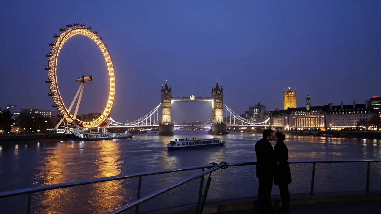The Thames at midnight with London Eye glowing, Tower Bridge lifted, and a couple kissing on Millennium Bridge.