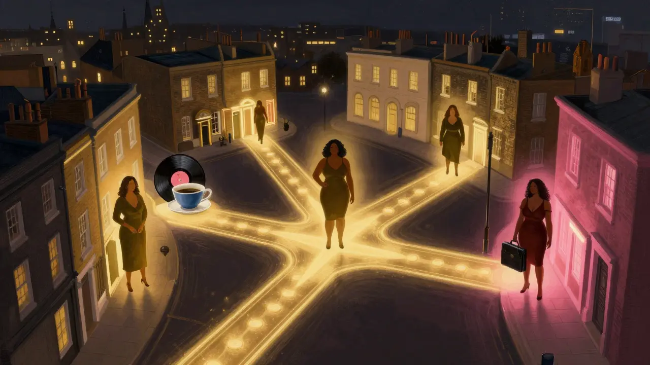Three London neighborhoods connected by glowing paths, symbolizing empowerment and connection.