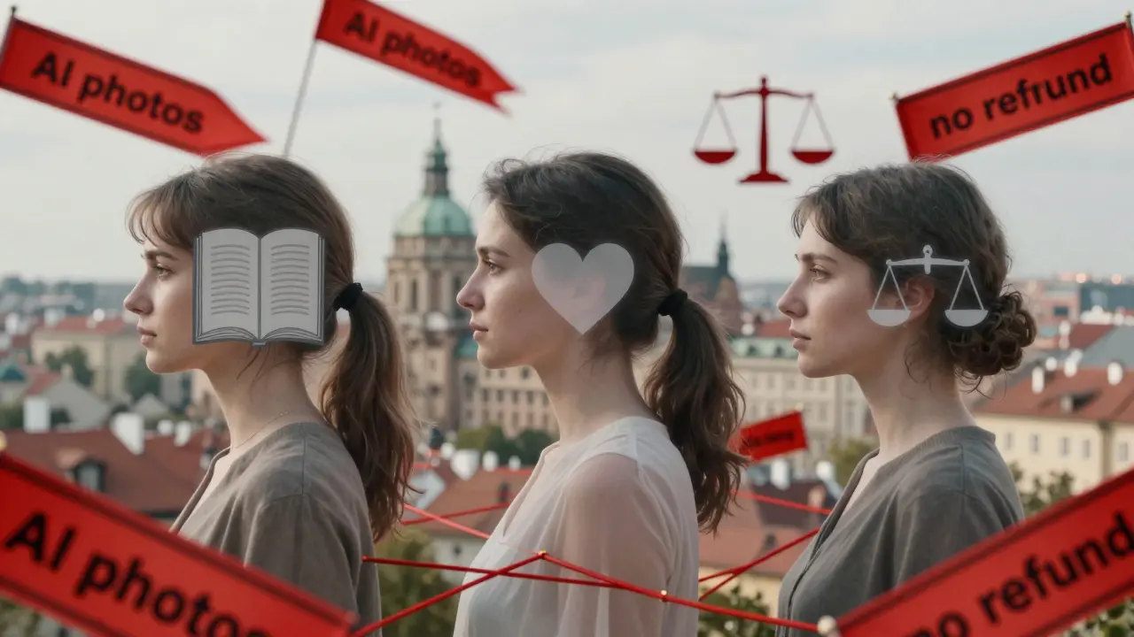 Three translucent female profiles with symbols of dignity, surrounded by scam warning flags.