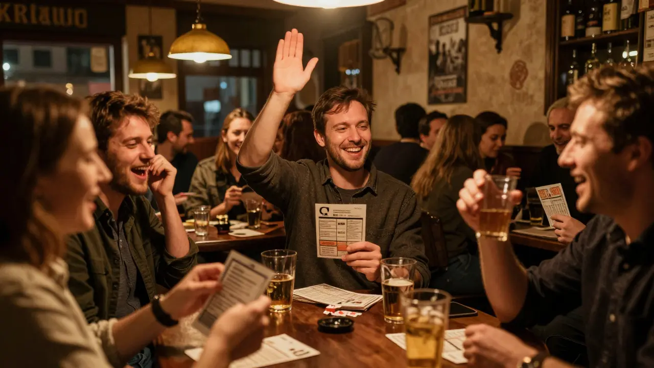 Travelers and locals laugh together at a pub quiz night in Prague, sharing drinks and camaraderie.