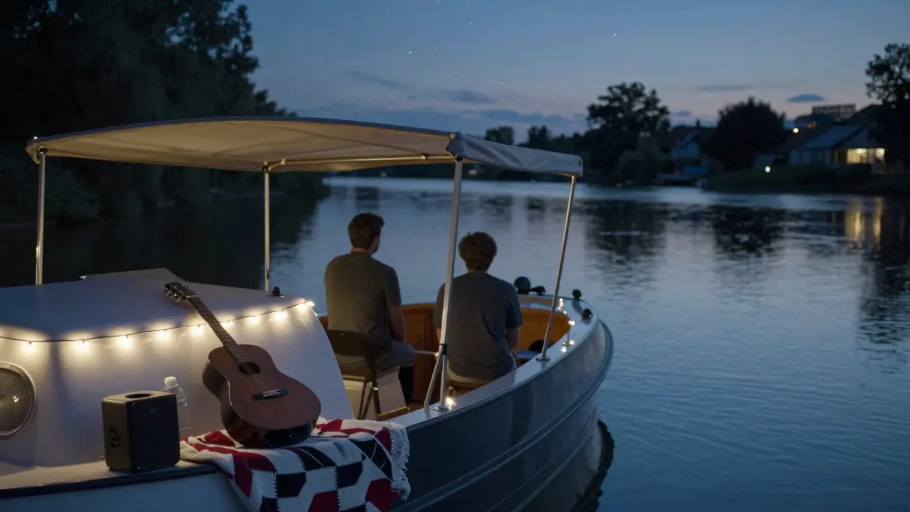 Two men sitting silently on a houseboat under stars on a calm river