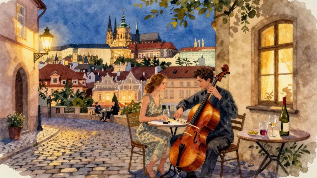 Two people enjoying cello music in a hidden Prague courtyard at twilight, surrounded by historic architecture.