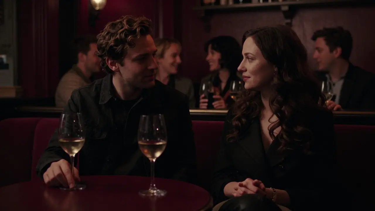 Two people in a Paris bar sharing quiet companionship, soft lighting, no words needed.