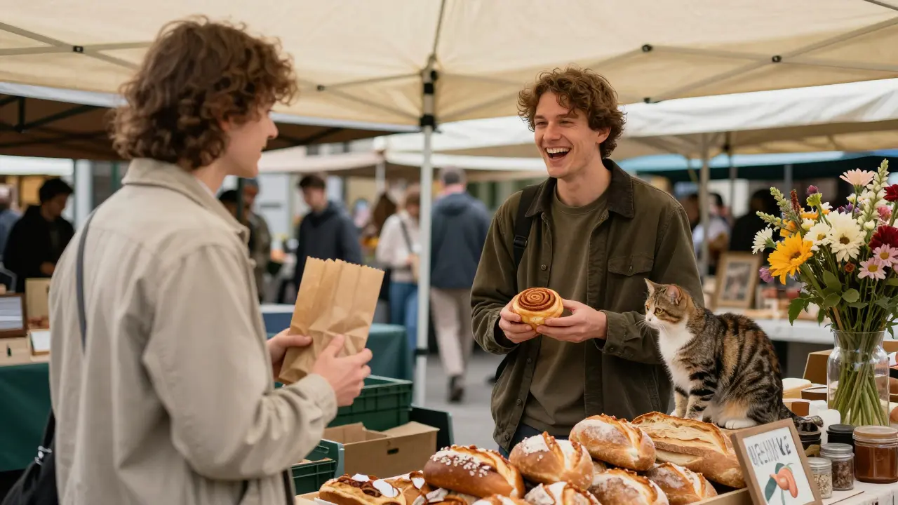 Two people meeting at a Berlin market, one offering a cinnamon roll, cat nearby.