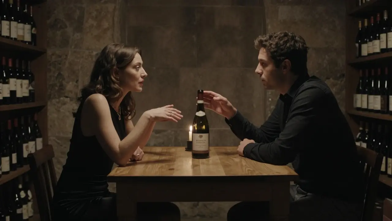 Two people sharing wine by candlelight in a stone-walled cellar, engaged in quiet, thoughtful conversation.