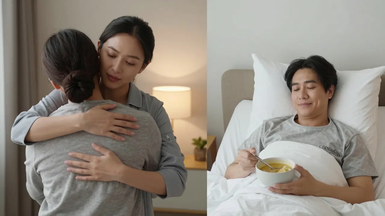 Two scenes showing emotional care — a paid companion hugging a client and a partner bringing soup — both embodying GFE.