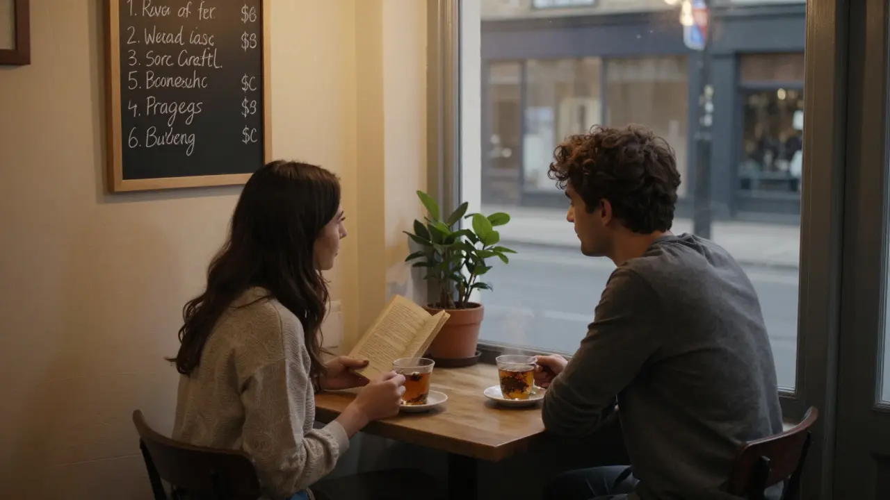 Two strangers sharing a quiet moment in a Brixton night cafe, sipping tea beside a chalkboard with handwritten specials.