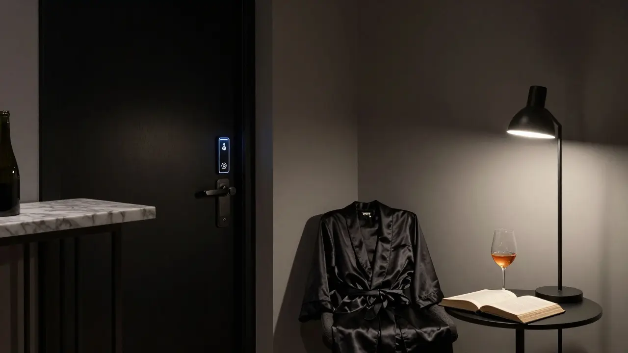 A luxurious private apartment with a robe and open book, suggesting a quiet evening.