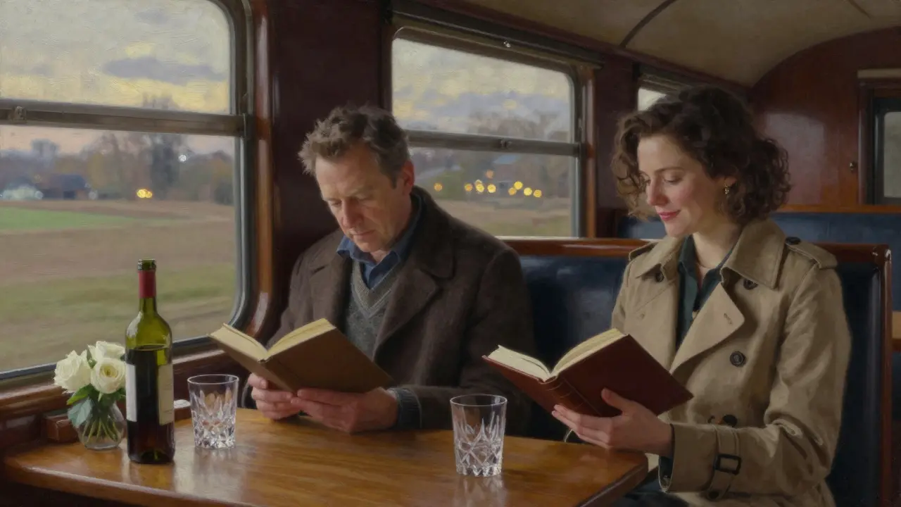 A man and woman on a private train, reading and conversing peacefully as countryside lights pass by the windows.