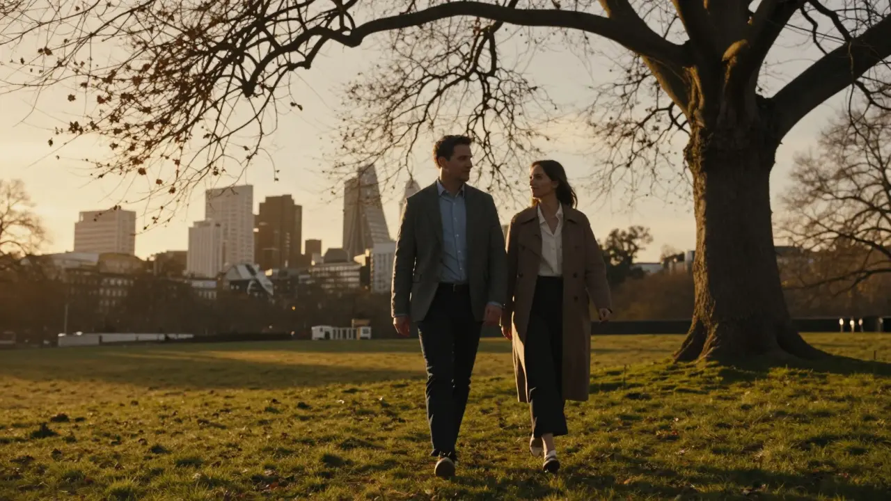 A man and woman walking peacefully along Primrose Hill at sunset.