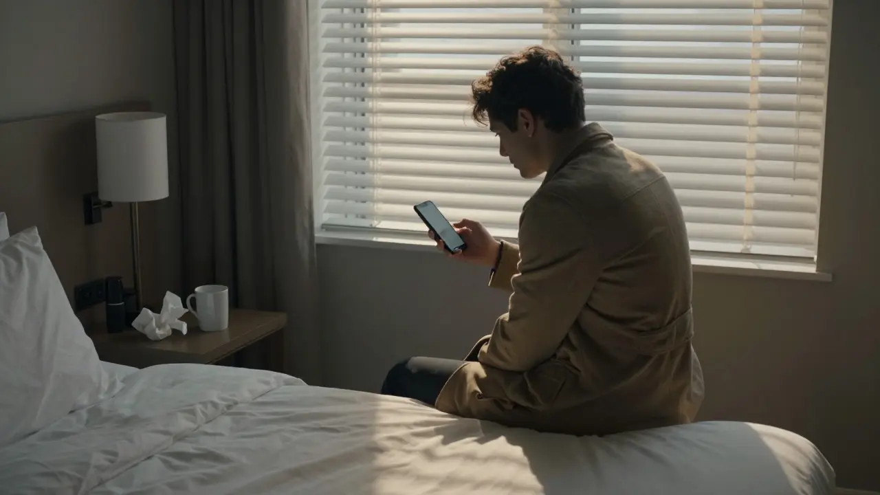 A person sits alone on a hotel bed at dawn, staring at a silent phone.
