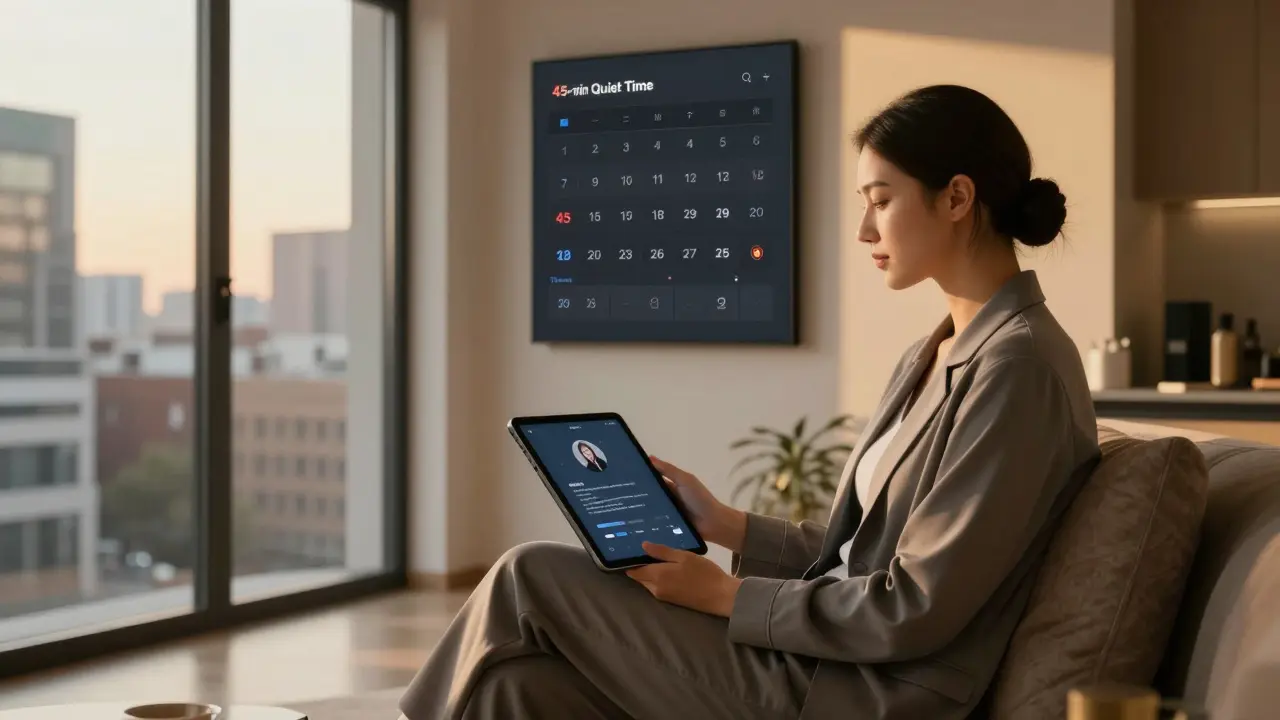 A professional escort calmly reviewing a personalized AI voice note on a tablet in a sunlit apartment.