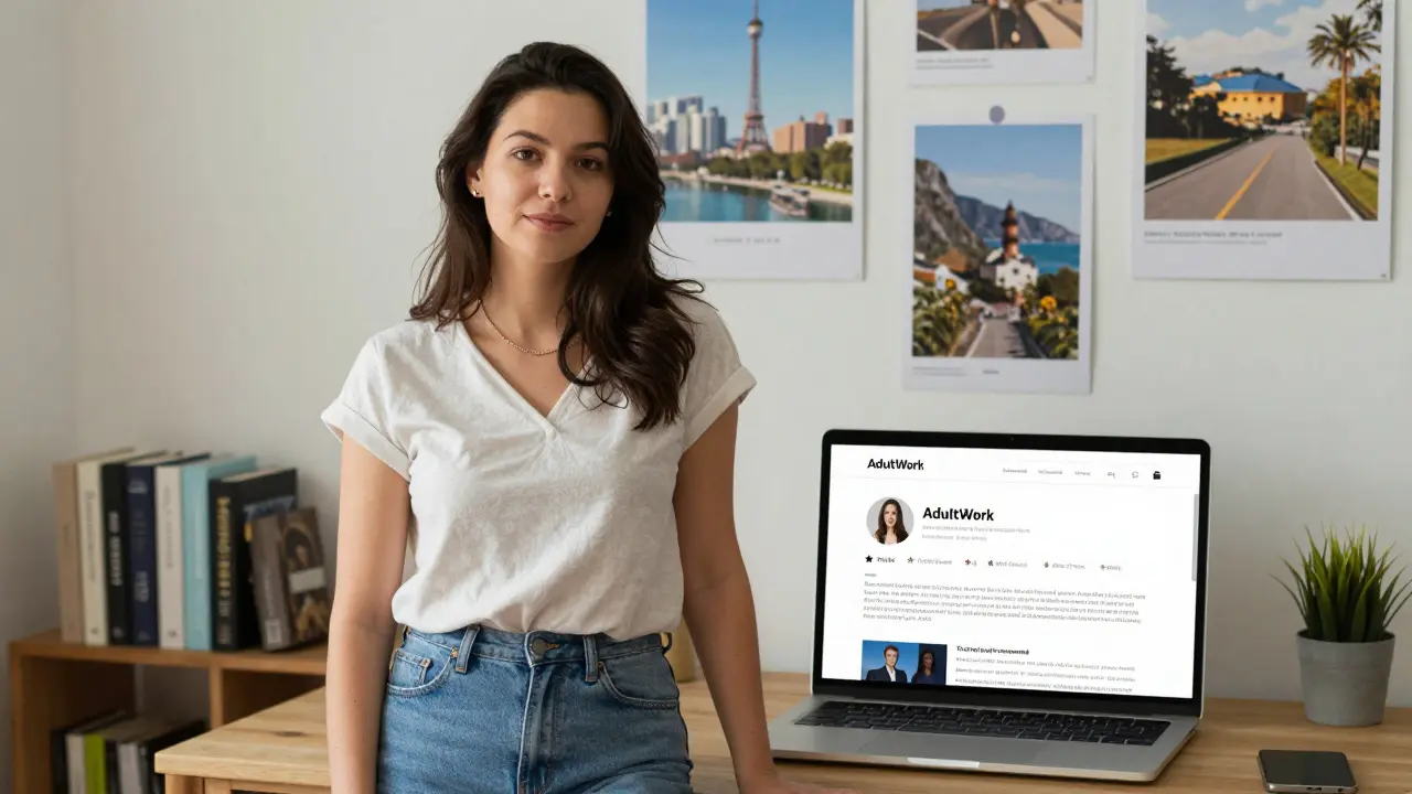 A professional woman working at her home office with a verified escort profile displayed on her laptop screen.