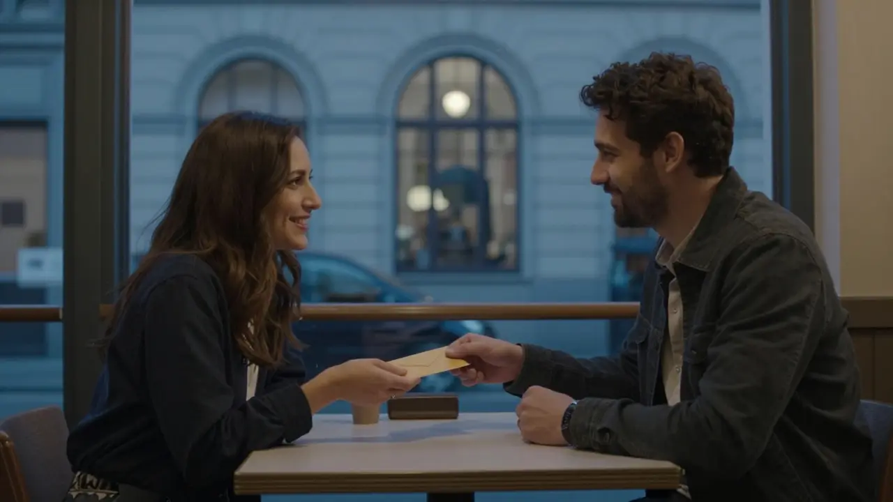 A respectful tip is handed over outside a museum café, both figures smiling with quiet gratitude.