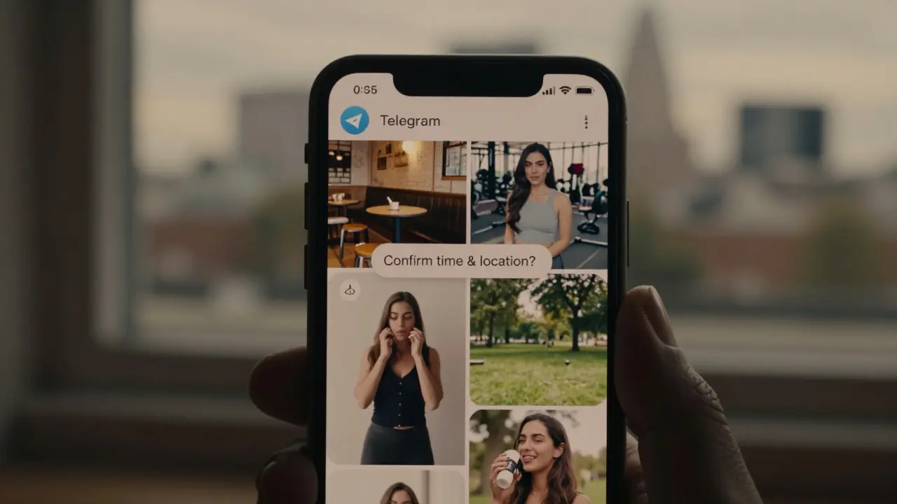 A smartphone screen displays multiple authentic photos of a woman and a private Telegram message.