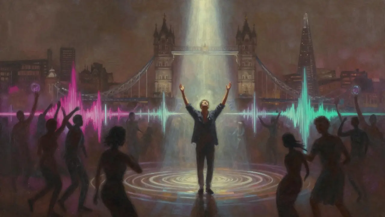 A solitary dancer illuminated by a single beam of light, surrounded by abstract motion and soundwaves.