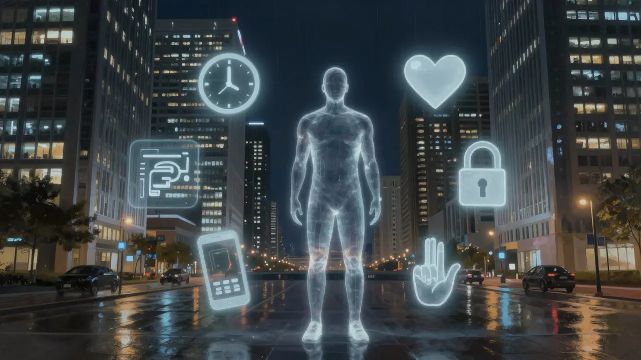 A transparent figure stands in Canary Wharf surrounded by symbolic icons of trust, time, and safety at night.
