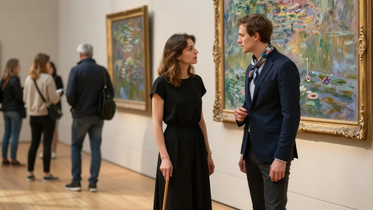 A woman and escort viewing a Monet painting in a Paris gallery, engaged in quiet, thoughtful conversation.