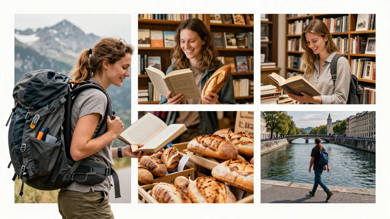 A woman engaged in real-life activities: hiking, reading, and exploring a city, shown in natural settings.
